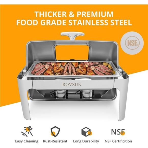 Roll Top Chafing Dish Buffet Set,9 Quart Rectangular Stainless Steel Chafer - Picture 3 of 7